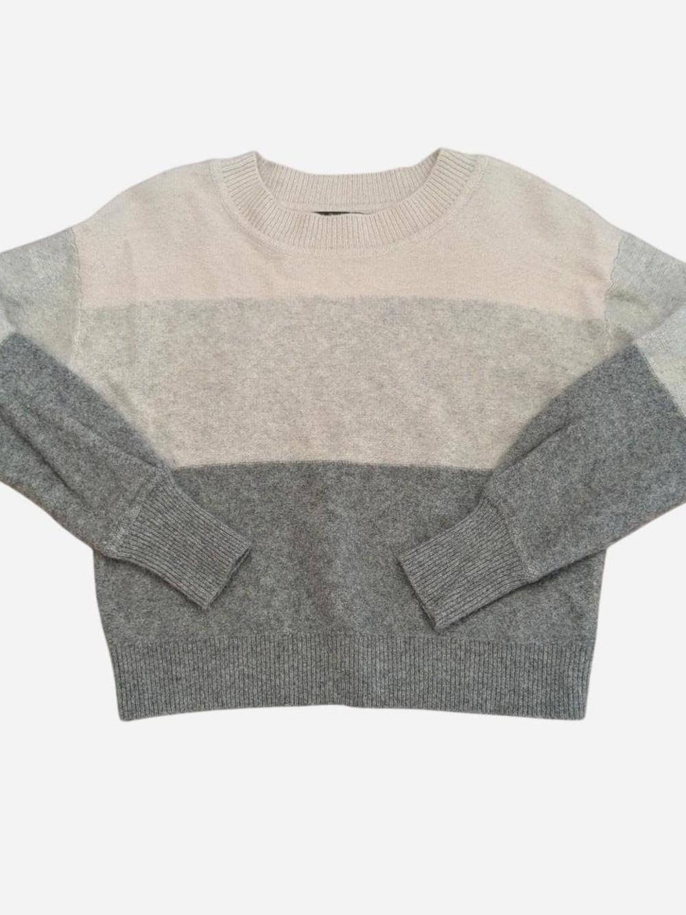 Tahari Neutral Stripe 100% Cashmere Crewneck Sweater - Cream & Gray